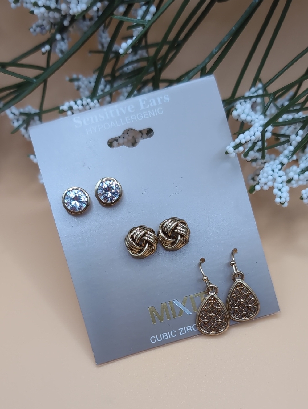 Mixit 3 Pairs Goldtone & Cubic Zirconia Earrings Hypoallergenic NWT